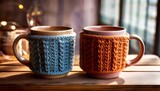 cozy atmosphere two mugs with knitted covers on rustic wooden shelf surface