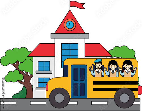 A school bus is driving down the street In front of the school