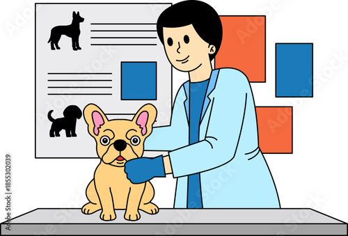 The veterinarian is examining the dog