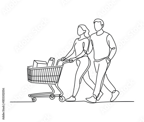 Couple pushing shopping cart filled with groceries in continuous line style.