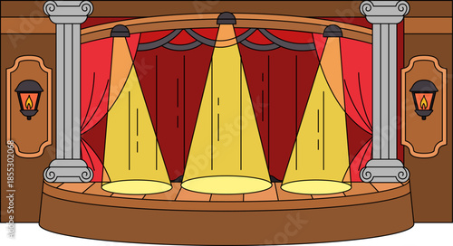 A stage with three Spotlight and red curtains