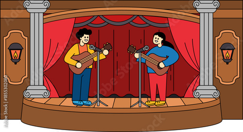 Two people playing guitars and singing on stage