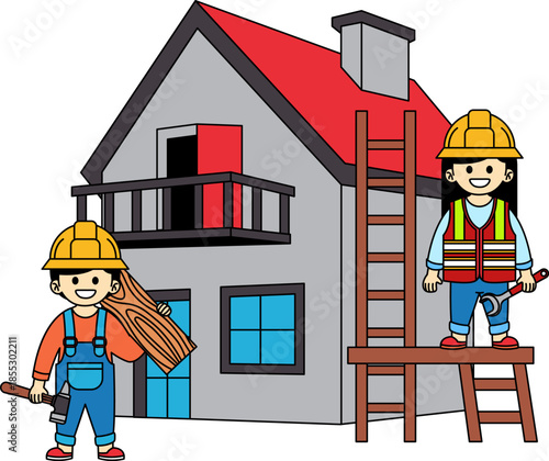 Two construction workers working in a house