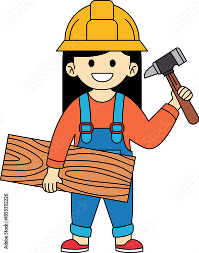female construction worker holding a piece of wood and smiling
