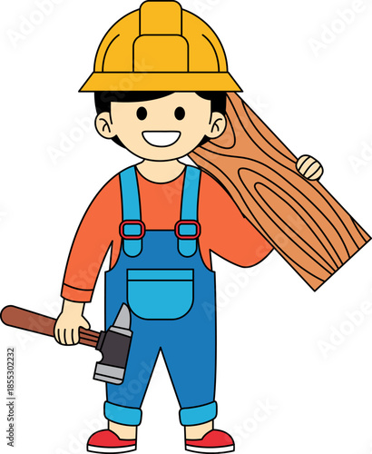 male construction worker holding a piece of wood and smiling