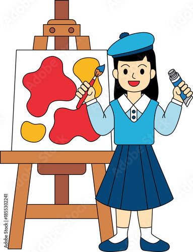 A girl is painting a picture with a brush