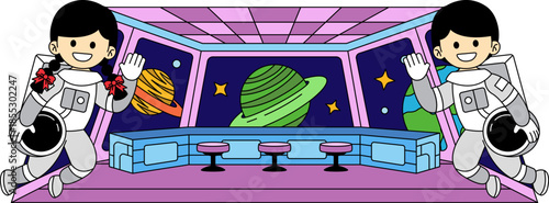 The laboratory inside the space shuttle with two astronauts