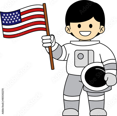 The male astronaut is holding an American flag