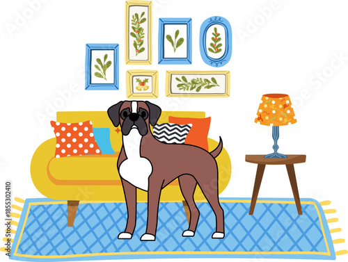 A boxer dog is standing in a living room
