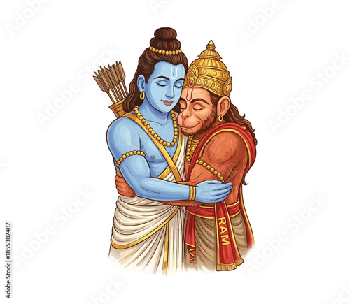 Lord Rama embraces Hanuman in a devotional hug with arrows in quiver hindu deity.