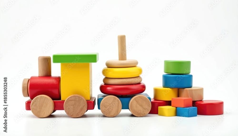 Fototapeta premium Brightly colored wooden toys including train, stacking rings arranged against clean white background. Objects represent learning, development for young children. Simple shapes like cubes, cylinders