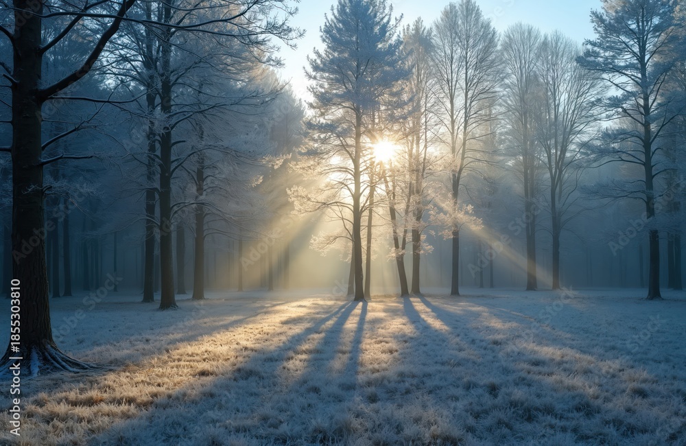 Obraz premium Sunbeams stream through frosty trees onto a winter field. Early morning light creates long shadows over icy grass. The cold natural landscape is serene and picturesque, showing nature in winter.