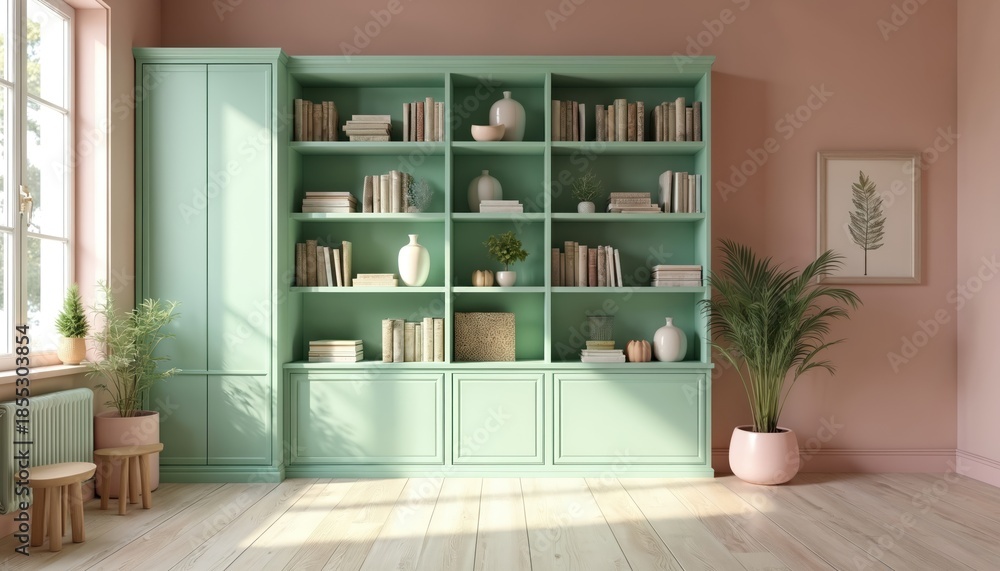 Fototapeta premium Mint green bookcase filled with books and decor stands near window with natural light. Pastel pink walls complement cozy room interior. Wooden floor adds warmth to space.