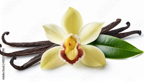 Vanilla Flower And Pods With Green Leaves Isolated On A White Background