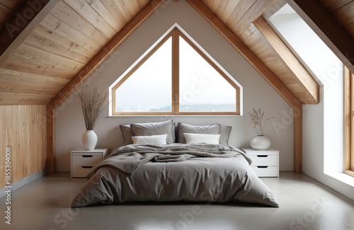 Attic bedroom with sloped wooden ceiling and large triangular window. Grey bedding on bed with nightstands and vases with dry plants. Cozy loft interior.