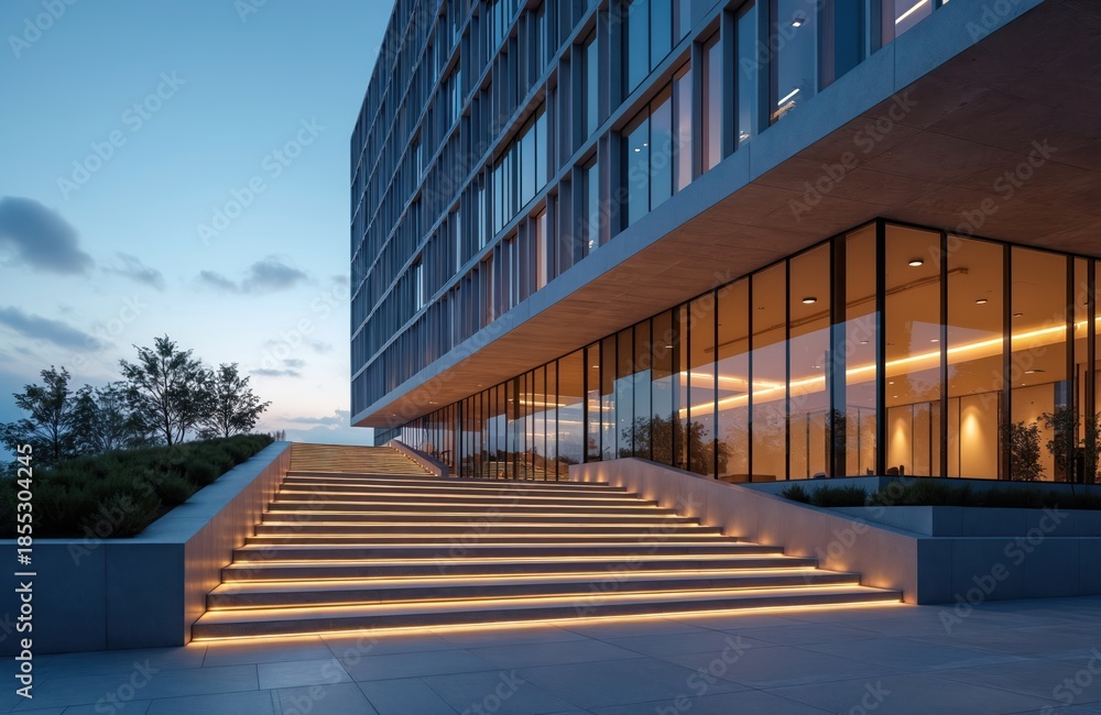 Obraz premium Modern office building exterior at twilight. Large glass windows reflect the sky. Illuminated staircase leads up to the entrance. Sleek architecture design.