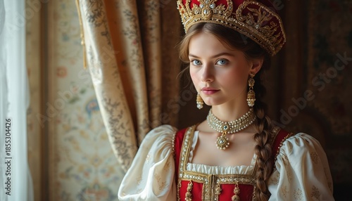 Young woman wears ornate red and white Russian gown and royal crown. She has pearl necklace and earrings. Elegant historical attire with intricate gold embroidery detail.