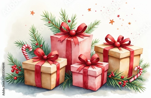 Christmas gifts with red ribbons and green pine branches. Festive watercolor art with candy canes and berries. Seasonal surprises, winter holiday celebration concept.