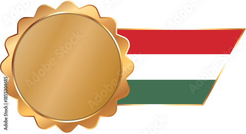 A shiny gold award seal featuring a circular metallic center with a flag of Hungary on ribbon with gold outline