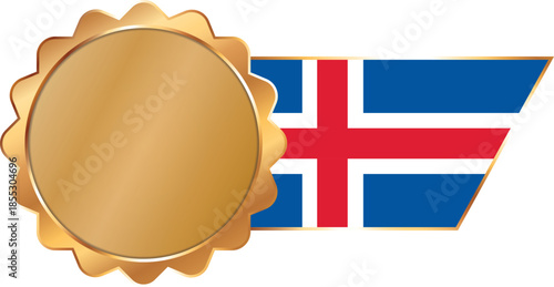 A shiny gold award seal featuring a circular metallic center with a flag of Iceland on ribbon with gold outline