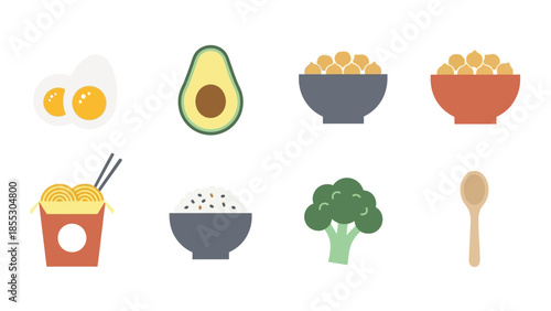 Minimalist food icons featuring eggs, avocado, rice, noodles, and broccoli
