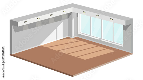 Sunlit minimalistic isometric room interior with large windows and hardwood floor design