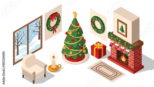 Cozy isometric christmas room with tree, fireplace, and festive decor