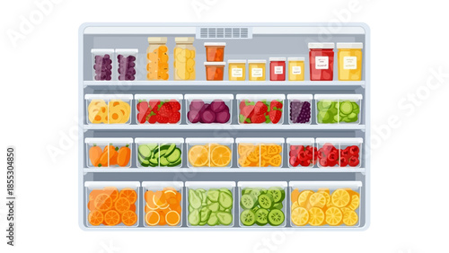 Refrigerator shelves filled with fresh fruits and jam jars in a neat arrangement