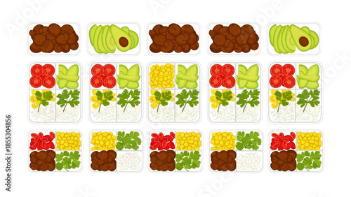 Colorful meal prep containers with rice, vegetables, and meatballs arrangement