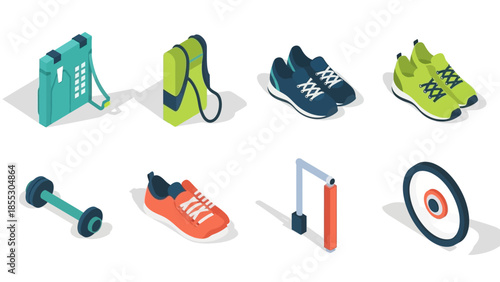 Isometric fitness gear: colorful gym equipment and shoes in modern design