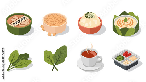 Isometric food icon set featuring takeaway, tea, and fresh ingredients