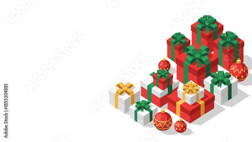 Festive christmas gifts and baubles in isometric style on white background