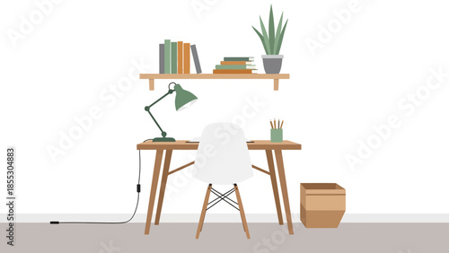 Minimalist home office workspace with wooden desk and bookshelf