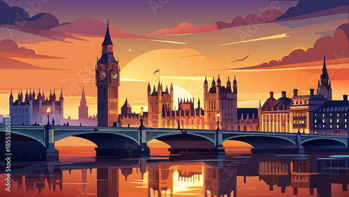 Very beautiful sunset view of the Palace of Westminster and Westminster Bridge, glowing warm tones reflecting on the Thames, capturing London’s historic elegance and iconic skyline.