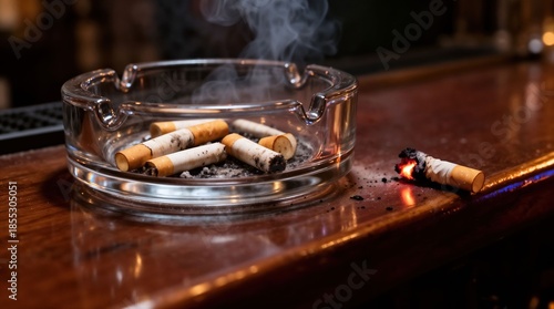 Smoking ashtray with cigarette on wooden bar counter