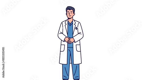 A confident doctor standing in a professional stance wearing a white lab coat and blue scrubs