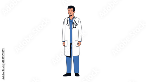 A professional doctor standing confidently in a white coat with a stethoscope around his neck