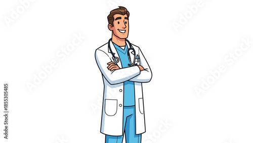 A confident doctor stands with arms crossed wearing a stethoscope in a medical environment