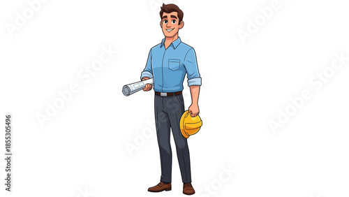A professional man holding a hard hat and blueprint stands confidently in a construction setting