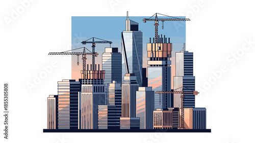 Modern city skyline with construction cranes in flat design