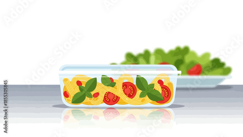 Fresh pasta with tomatoes and basil in transparent container on kitchen counter