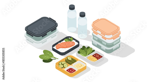 Isometric meal prep boxes with fresh ingredients and bottled water