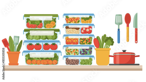 Organized kitchen counter with fresh vegetables in containers for meal prep