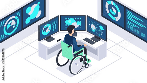 Modern office workspace with wheelchair-accessible design and multiple monitors