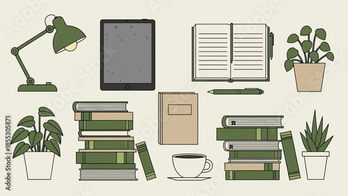 Cozy workspace with books, plants, and gadgets in flat design