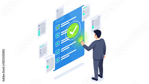 Isometric businessman interacting with digital checklist interface