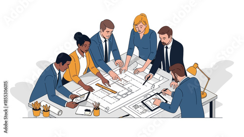 Team collaboration on office architectural plans with diverse professionals