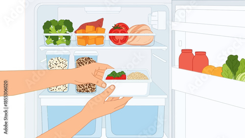 Organized refrigerator with healthy meal prep and fresh produce in modern kitchen