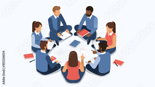 Collaborative team meeting with diverse group of professionals in flat design