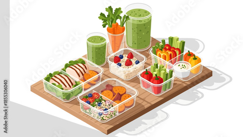 Healthy meal prep with fresh vegetables, smoothies, and balanced dishes